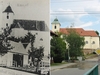 Foto č.3 - Kostel před rozšířením chrámové lodi roku 1909 (vlevo) a nyní (vpravo)